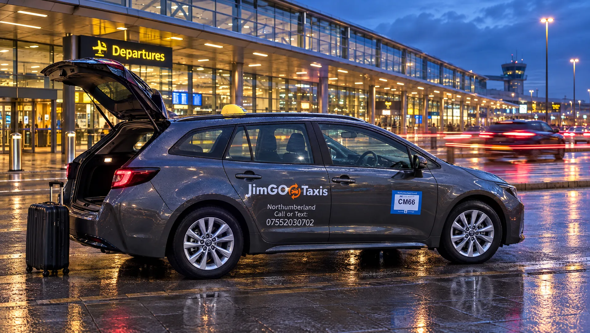 The JimGO Taxis Toyota Corolla at an airport drop-off at dusk