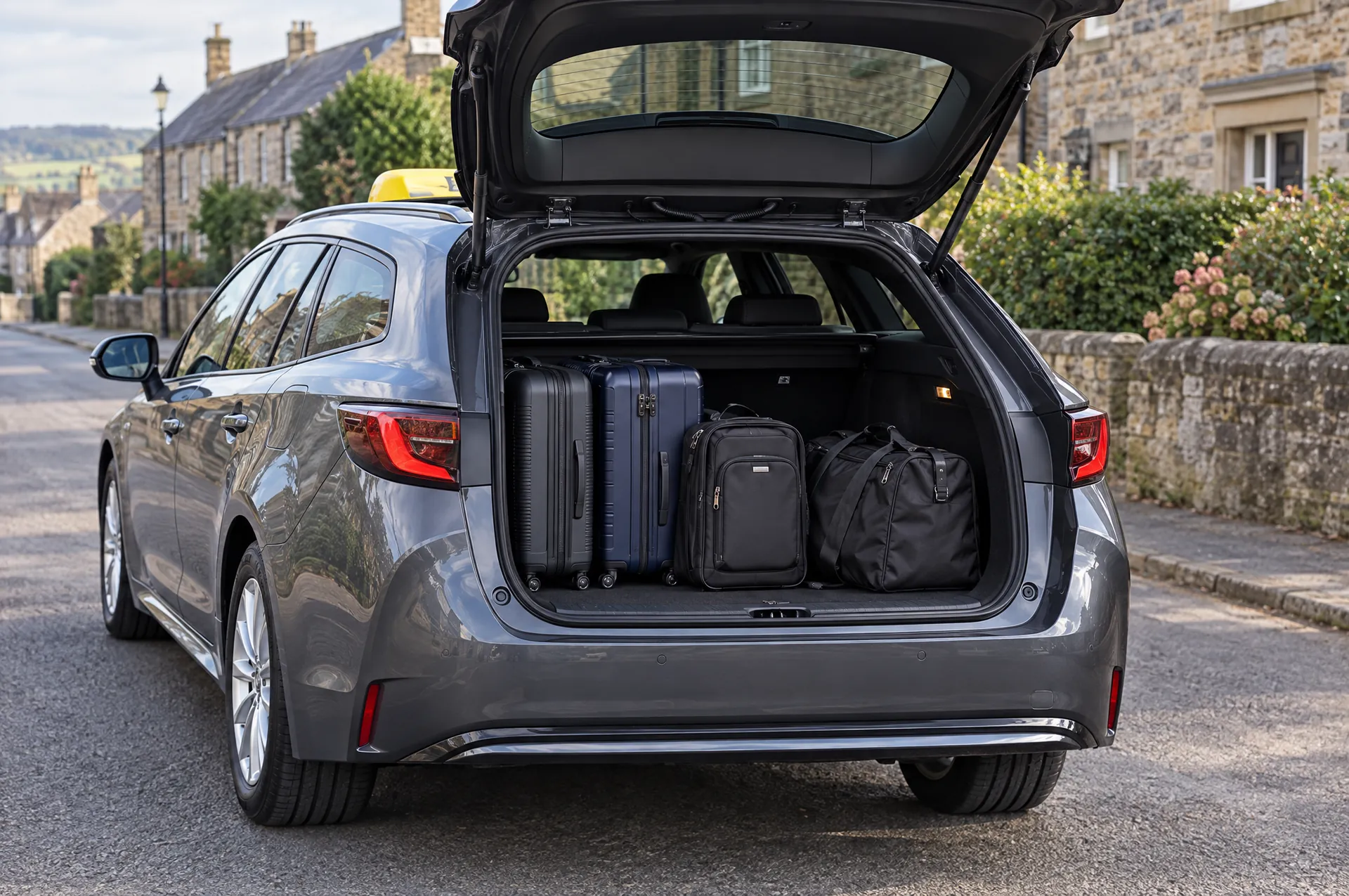 The open boot of the JimGO taxi holding two suitcases and travel bags