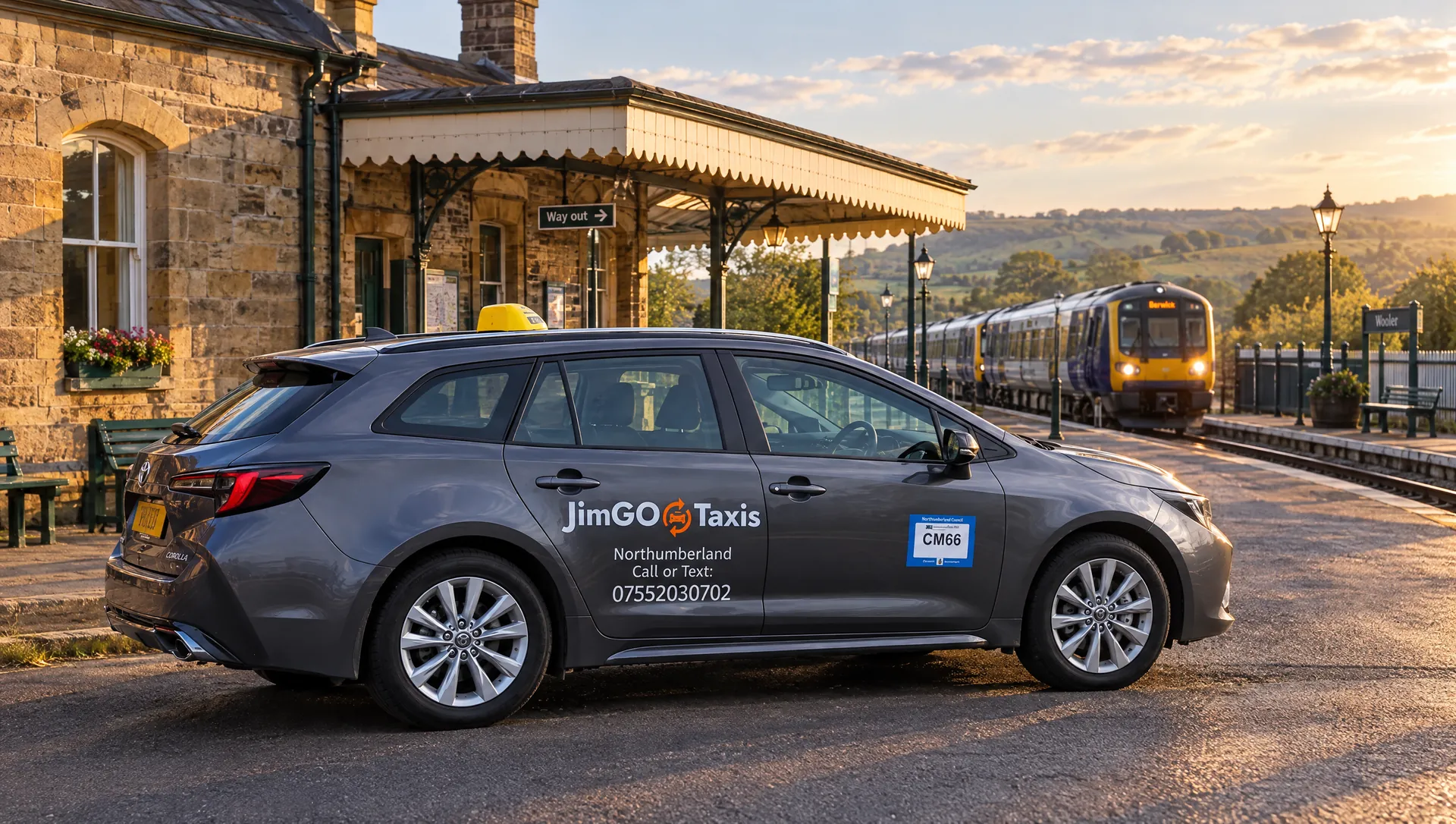 The JimGO taxi waiting outside a Northumberland railway station